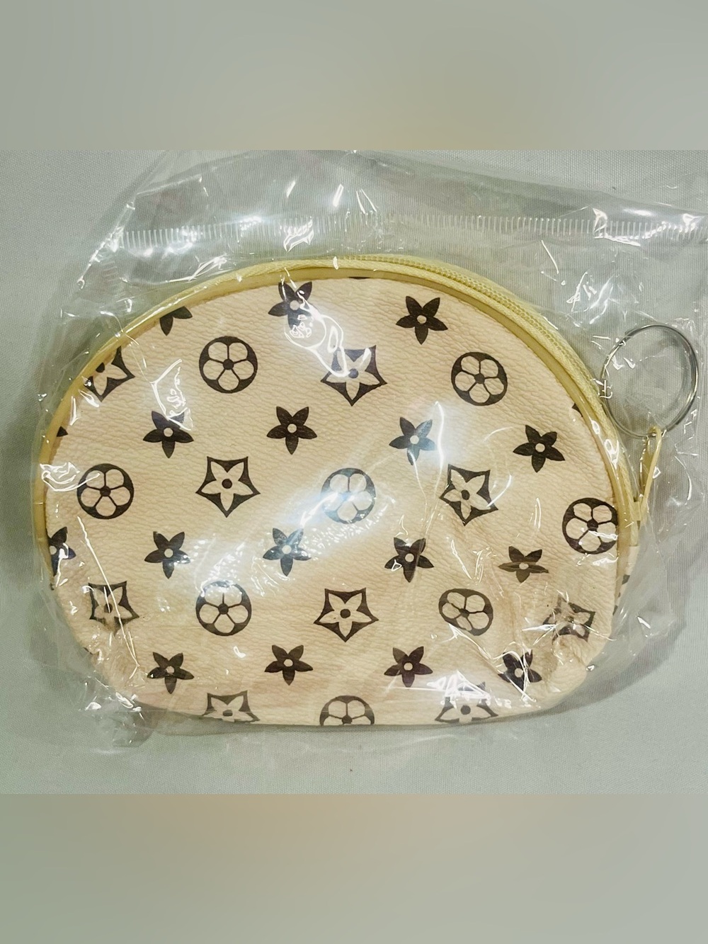 Beige Patterned Women's Coin Pouch with Key Ring